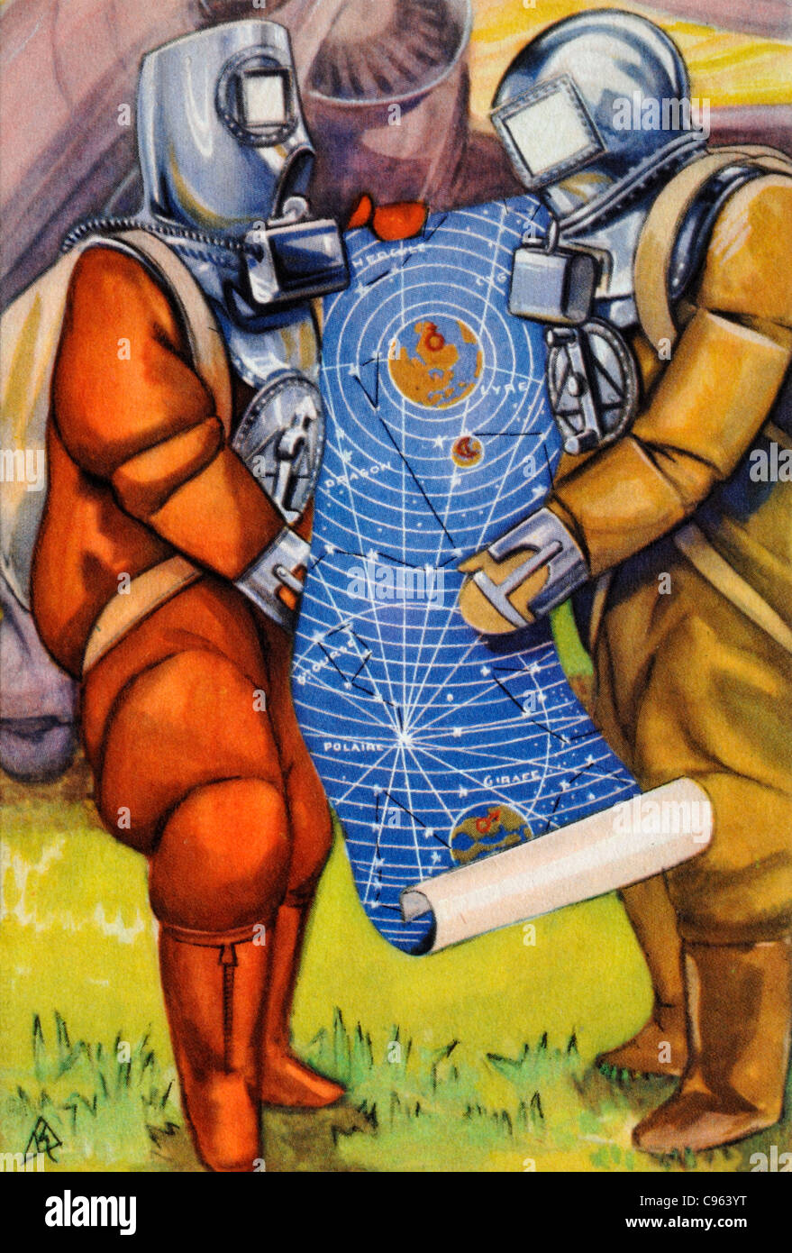 Les astronautes dans l'espace correspond à consulter une carte pour les voyages dans l'espace (Illustration c1910) Banque D'Images