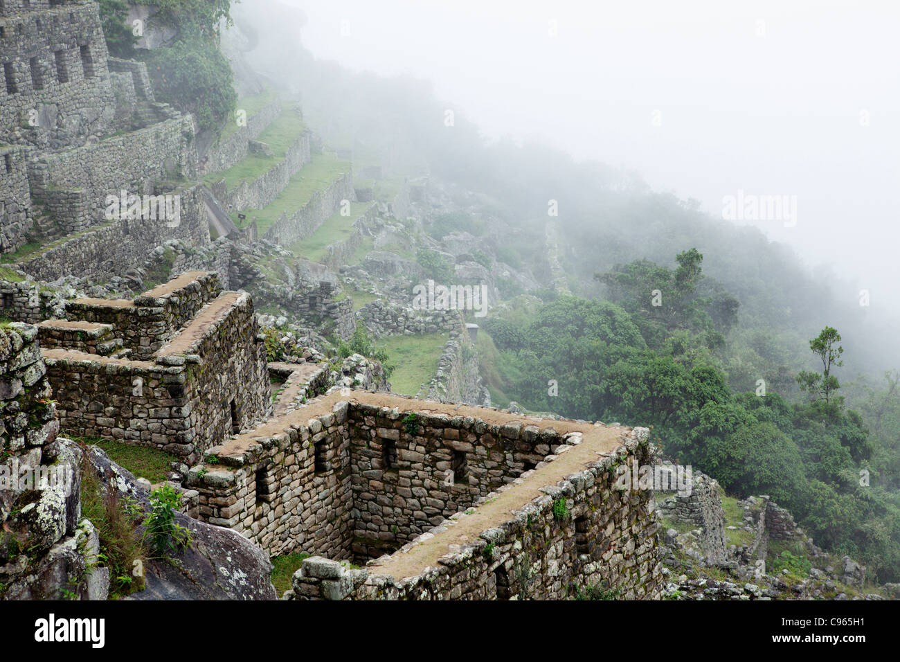 Matin brumeux à Machu Picchu, les ruines Inca et la plus connue dans le site touristique des Andes, au Pérou. Banque D'Images