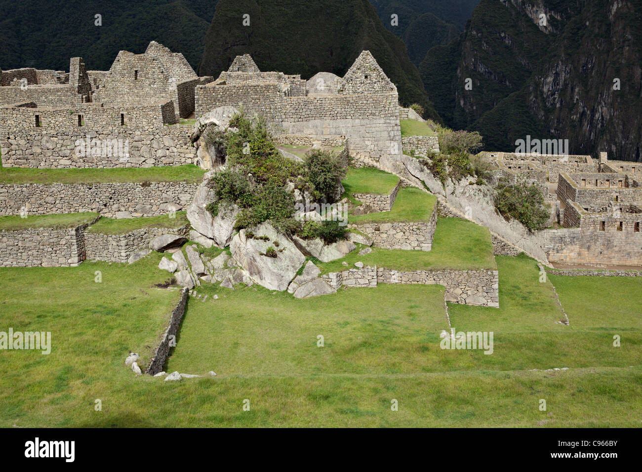 Ancienne ruines Incas de Machu Picchu, site touristique le plus connu dans la région de montagnes des Andes, au Pérou. Banque D'Images