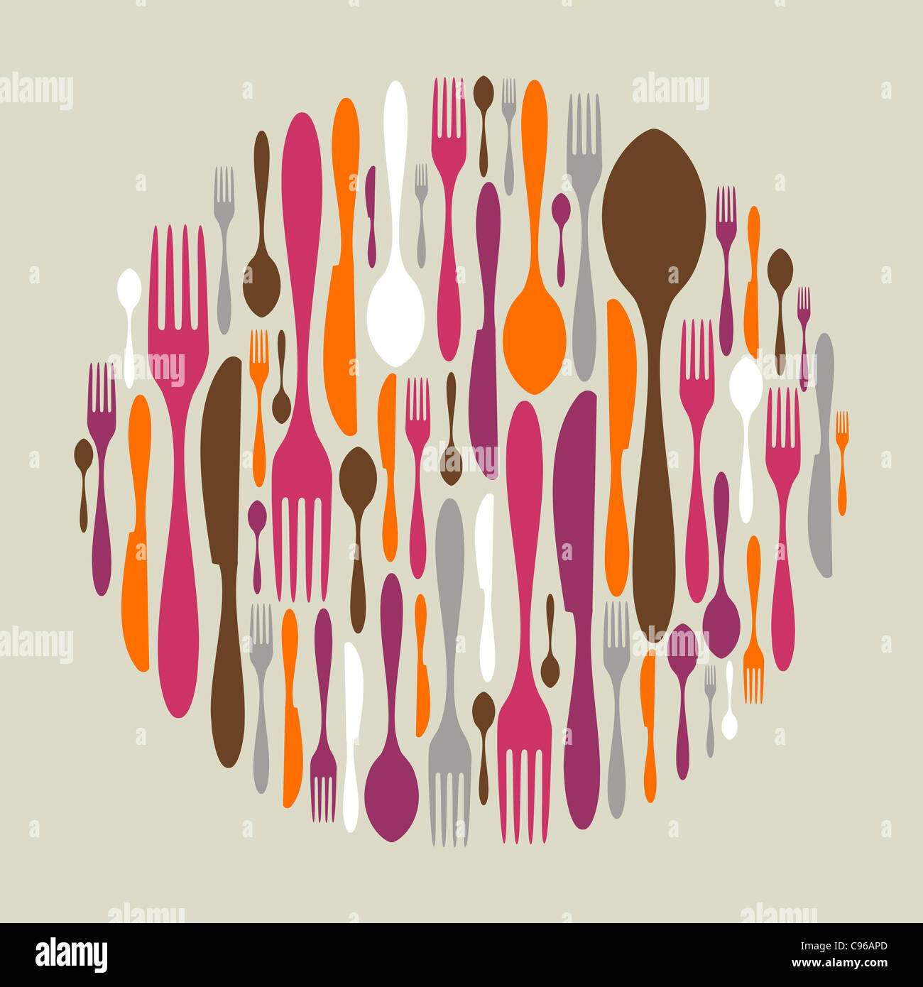 Forme du cercle fait de couverts d'icônes. Couteau, fourchette et cuillère de silhouettes. Vector avaliable Banque D'Images