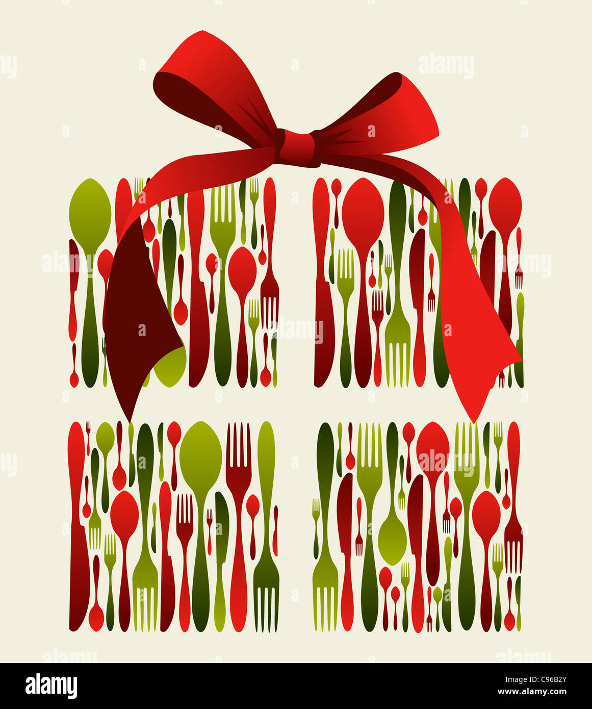Cadeau de Noël de couverts. Cuillère, fourchette et couteau formant un modèle de boîte-cadeau avec un ruban sur le dessus. Utilisable comme carte d'invitation. Fichier vecteur disponible. Banque D'Images
