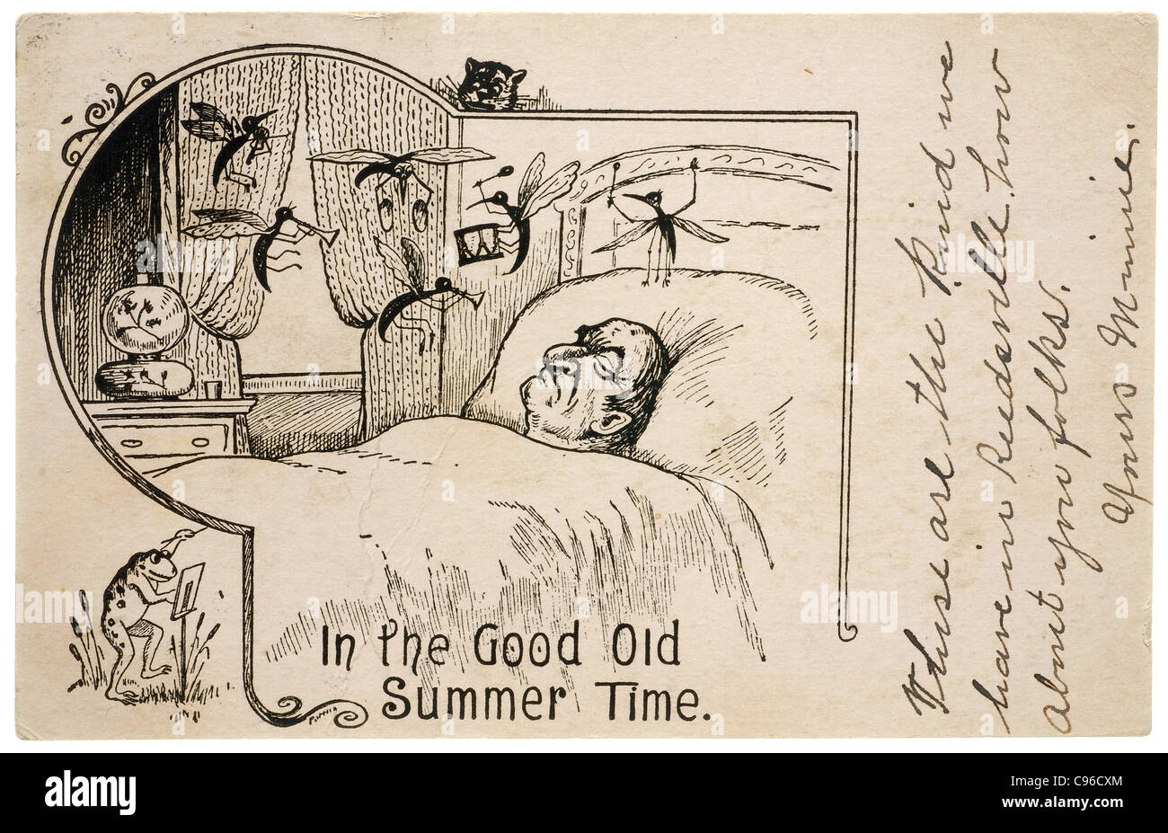 Carte postale vintage avec les moustiques bourdonnement homme endormi Banque D'Images