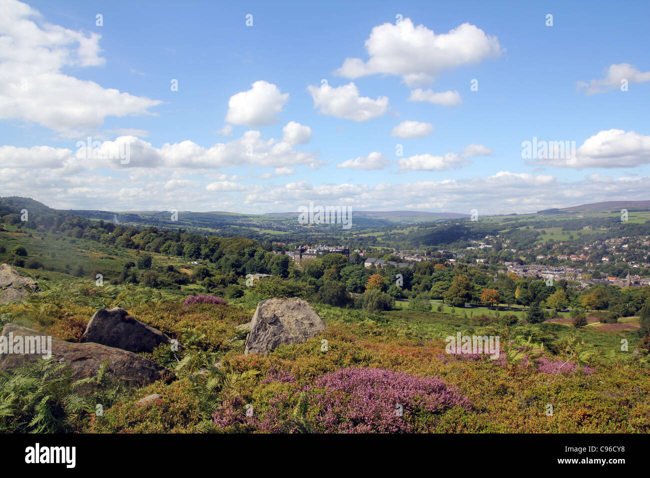 Paysage de ciel bleu et nuages sur Ilkley Moor montrant 'fougère Pteridium aquilinum' et 'Heather Calluna vulgaris' Banque D'Images