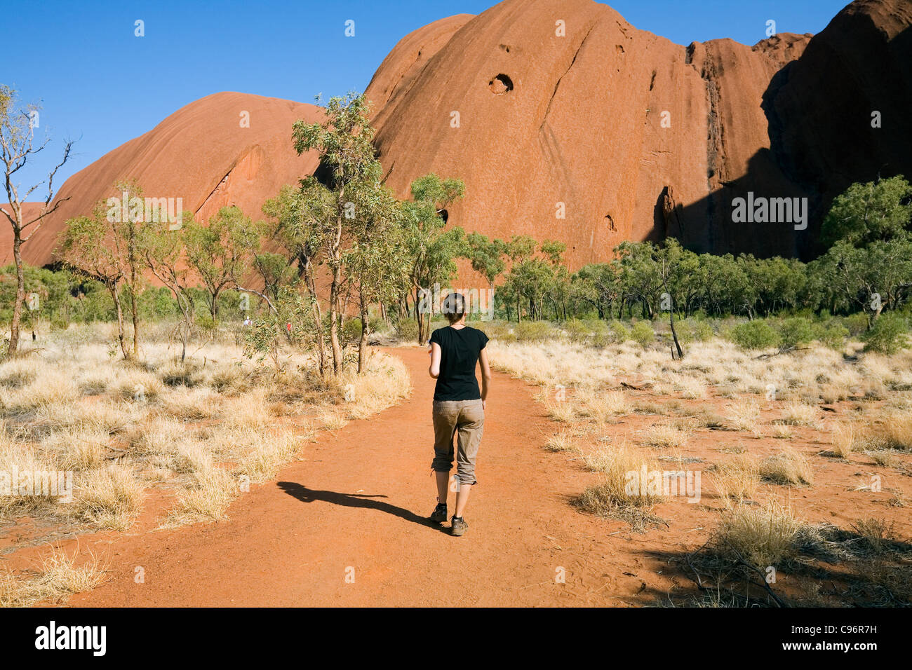 Randonneur sur l'Uluru (Ayers Rock) pied à pied. Le Parc National d'Uluru-Kata Tjuta, Territoire du Nord, Australie Banque D'Images