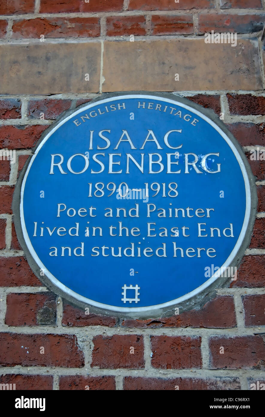 English Heritage blue plaque commémorant le poète et peintre isaac Rosenberg et ses liens avec l'East End londonien Banque D'Images