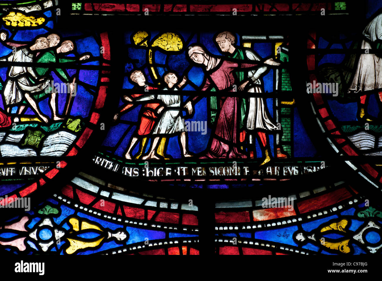 Philip Scot et les grenouilles, Becket Fenêtre Miracle 6, chapelle de la Trinité, ambulatoires vitraux médiévaux de la Cathédrale de Canterbury, Kent Banque D'Images