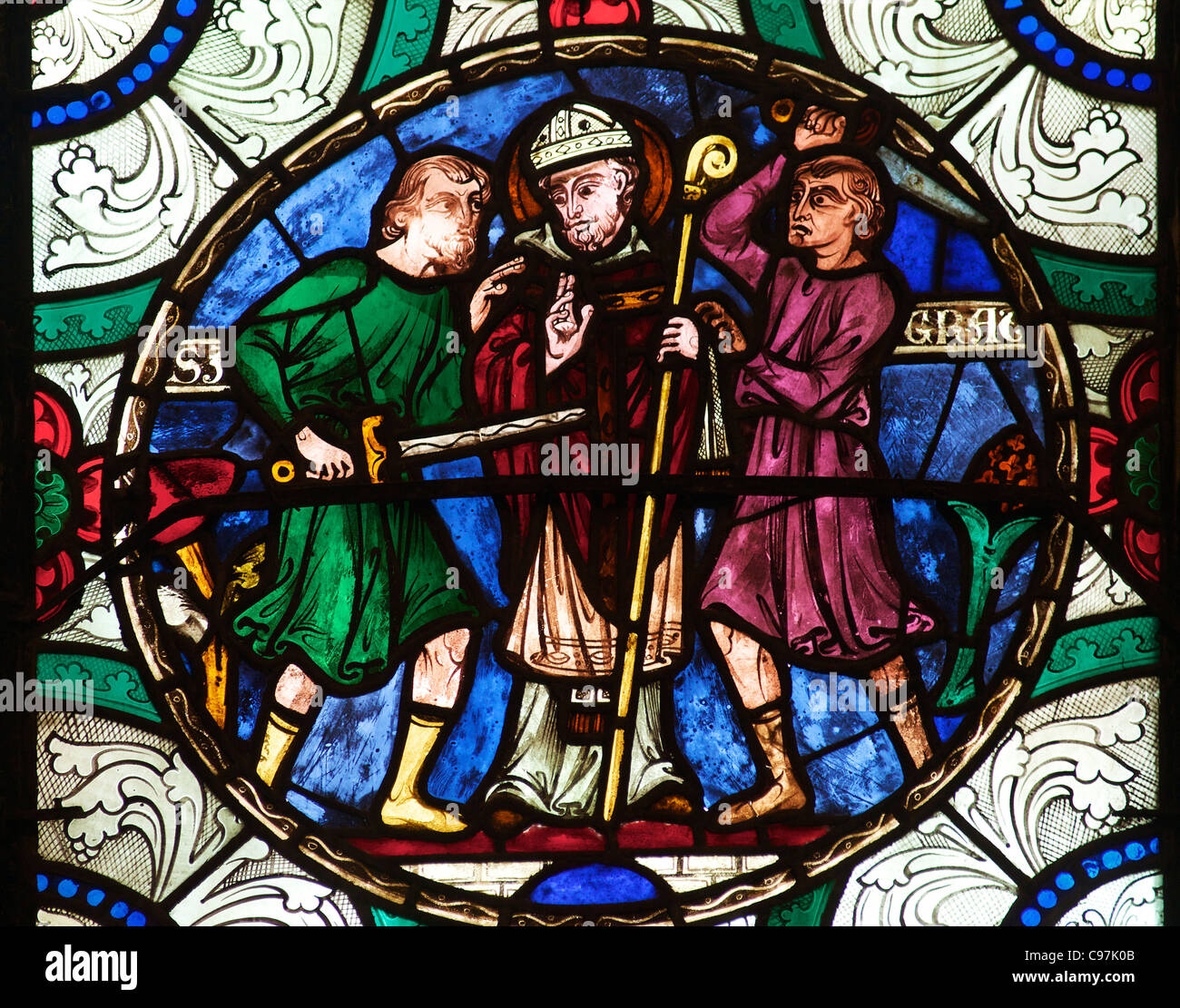 Le meurtre de saint Thomas Becket, un vitrail médiéval, la Cathédrale de Canterbury, Kent, England, UK, Royaume-Uni, GO, Grande Bretagne Banque D'Images