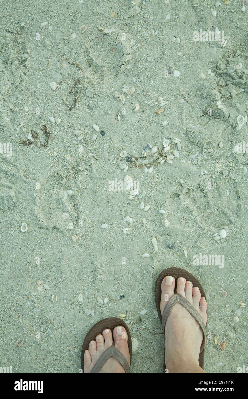 Pieds de womans montré la marche dans le sable en marron flip flop sandals Banque D'Images