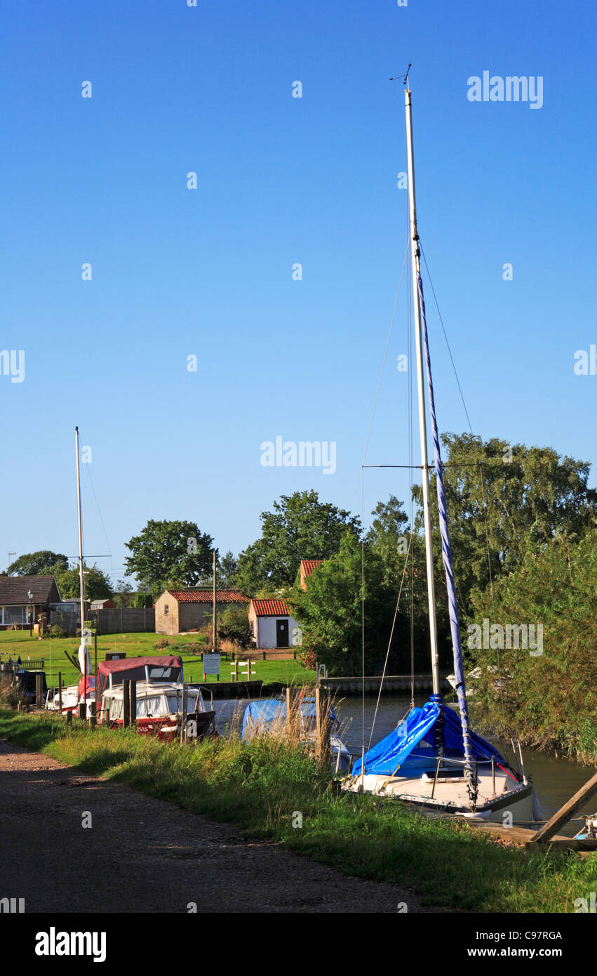 Vue sur les Norfolk Broads du Staithe Rockland à St Mary, Norfolk, Angleterre, Royaume-Uni. Banque D'Images