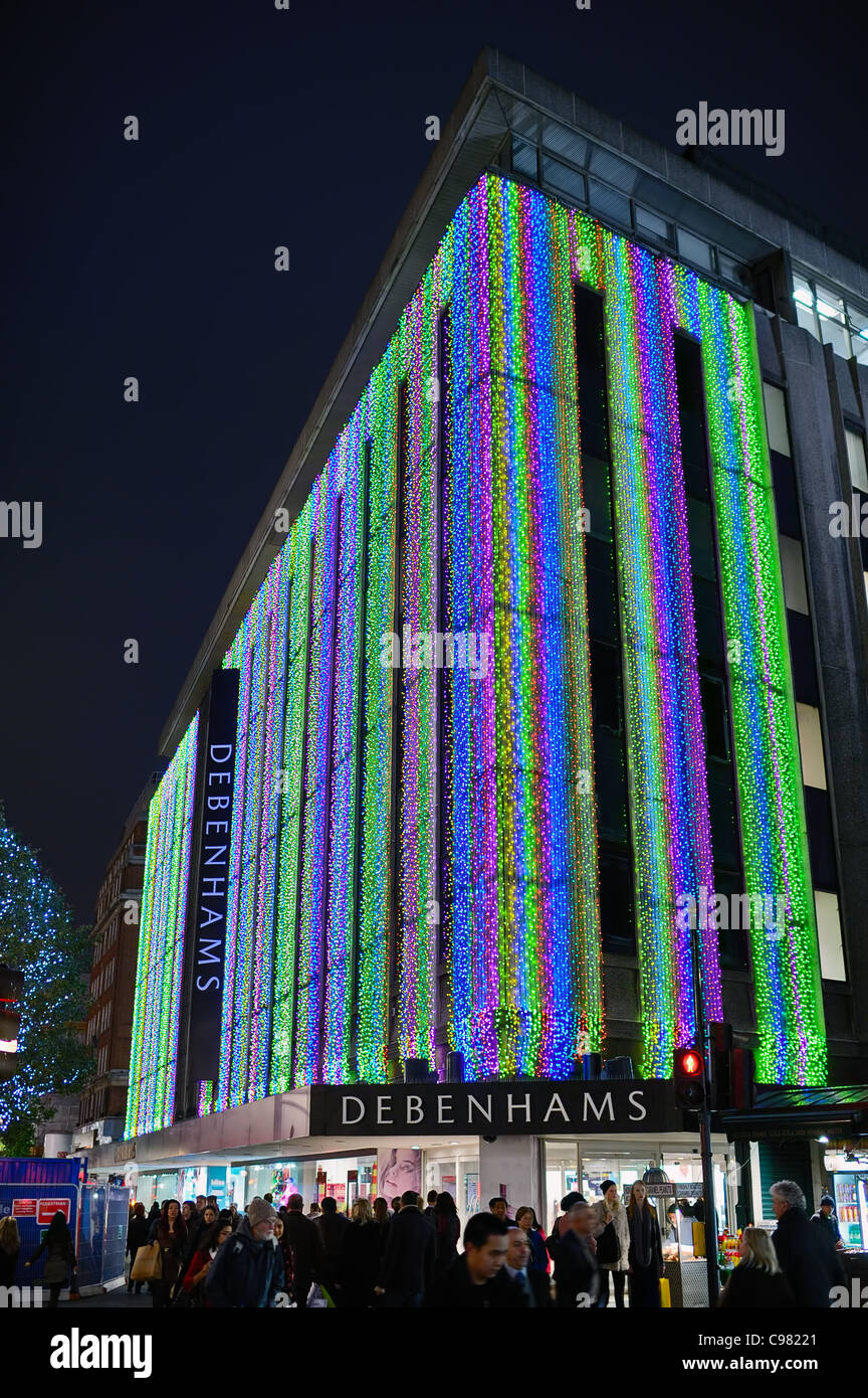 Debenhams flagship store, Oxford Street, Londres, Angleterre, Royaume-Uni, dans les lumières de Noël Banque D'Images