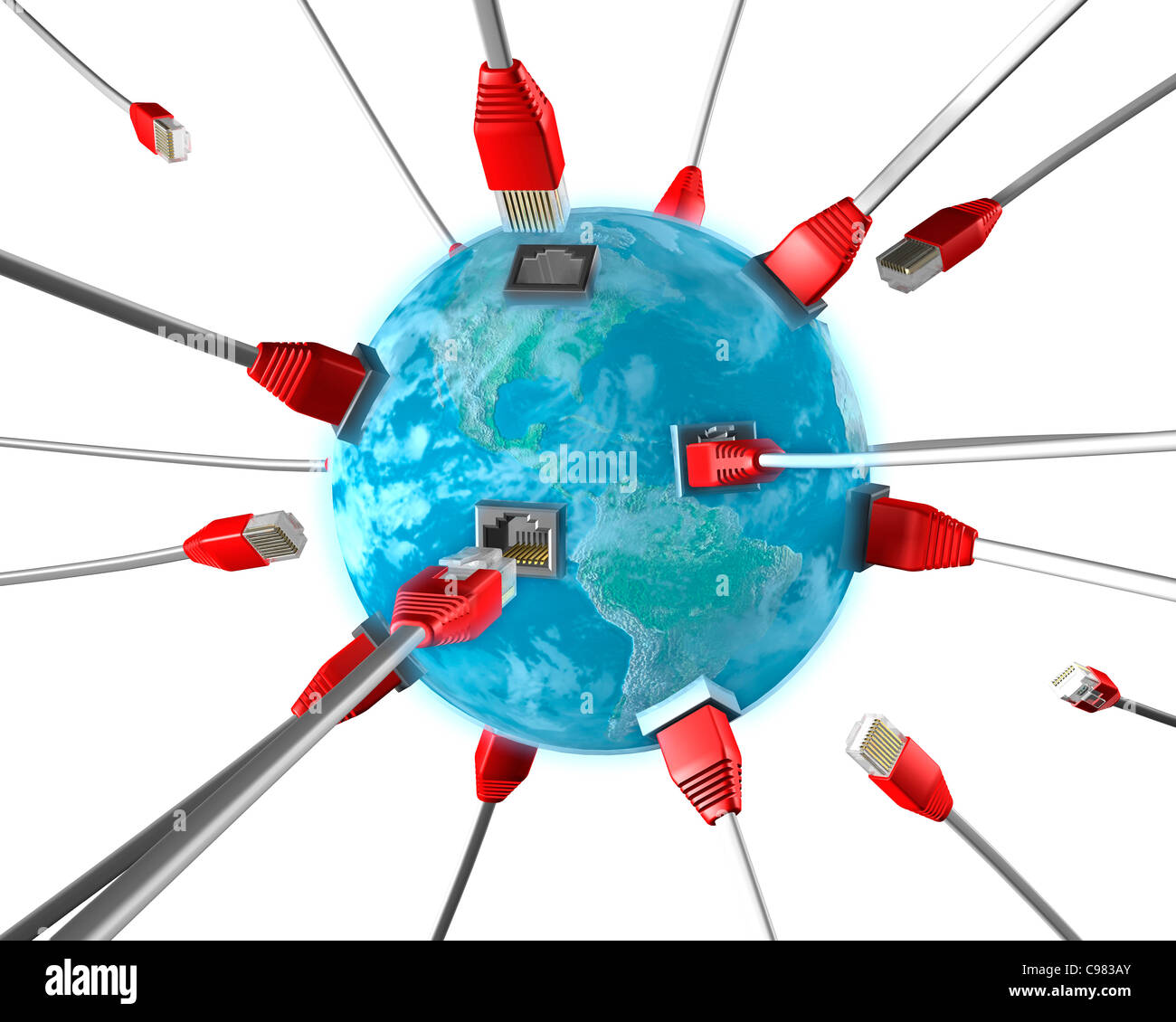 Les connecteurs du câble de réseau se brancher sur le globe de la Terre. Connexion Internet réseau FAI communications WWW illustrati conceptuel Banque D'Images