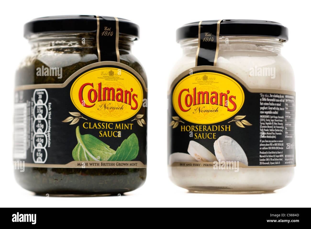 Deux pots de sauces Colmans Classic sauce à la menthe et sauce au raifort Banque D'Images