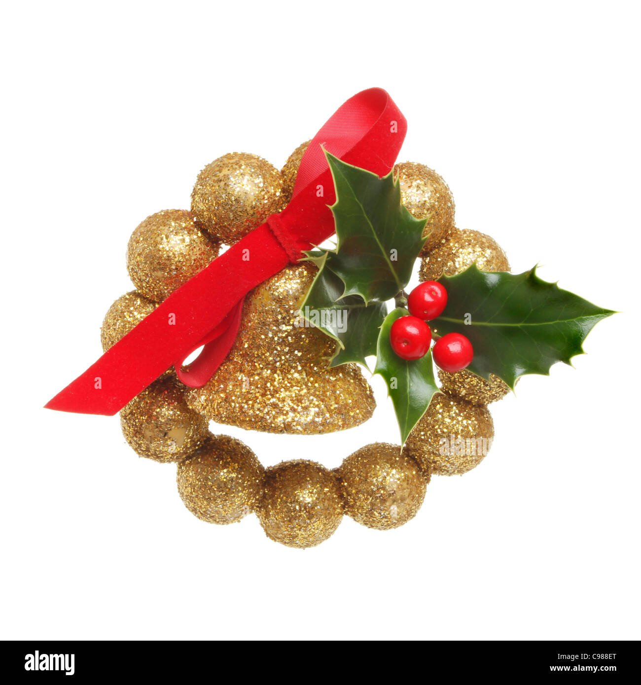 Boule Noël Décoration de Bell et d'une branche de houx réel Banque D'Images
