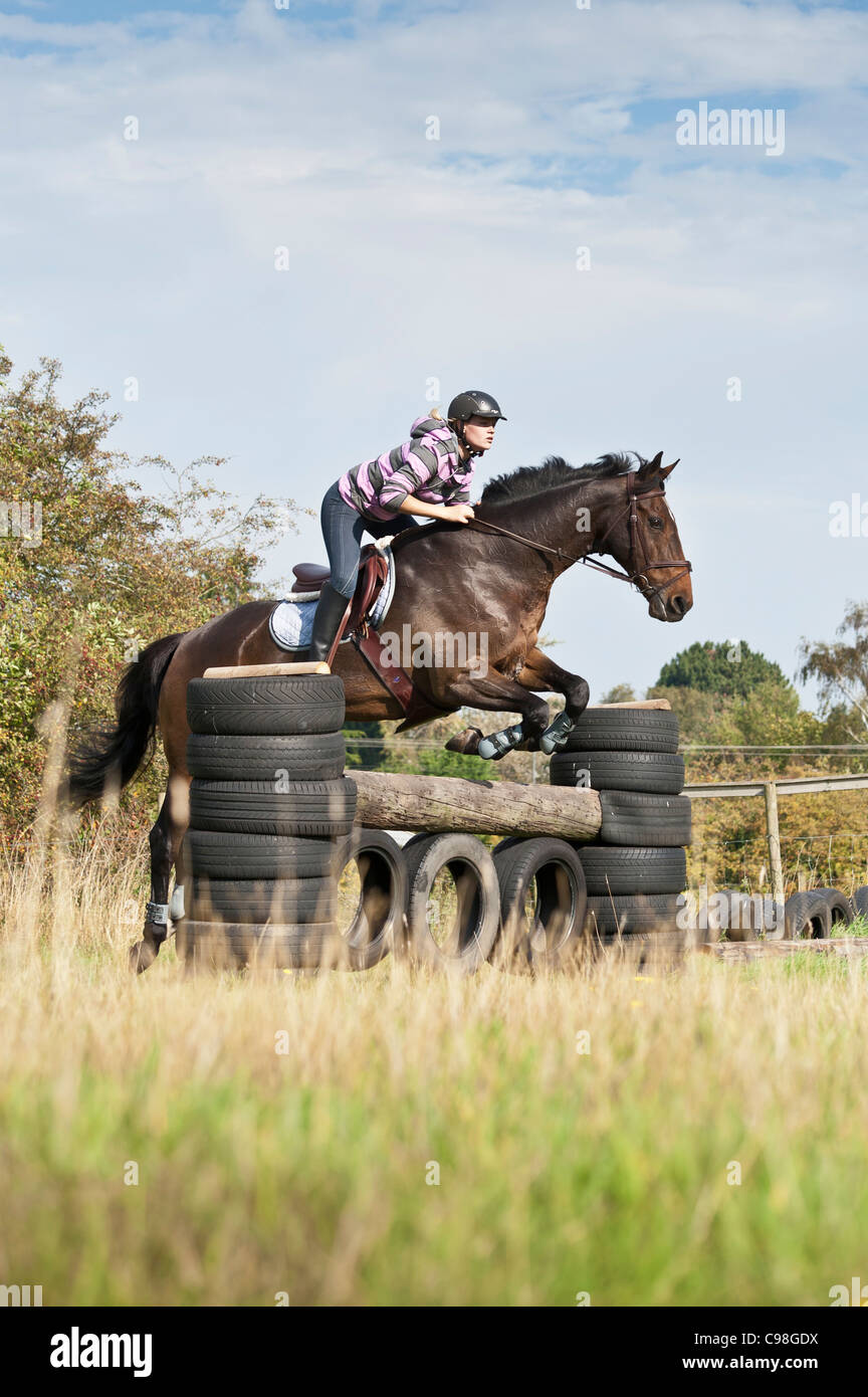 Cheval femelle cavalier au Cheval sautant sur l'obstacle de cross-country course.format vertical.copier l'espace. Banque D'Images