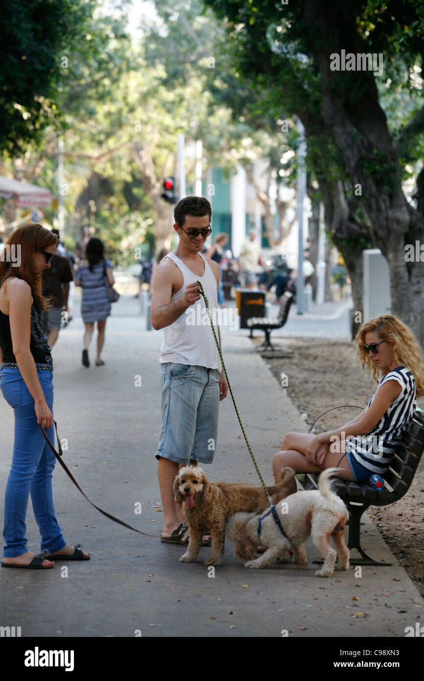 Scène de rue, le boulevard Rothschild à Tel Aviv, Israël. Banque D'Images