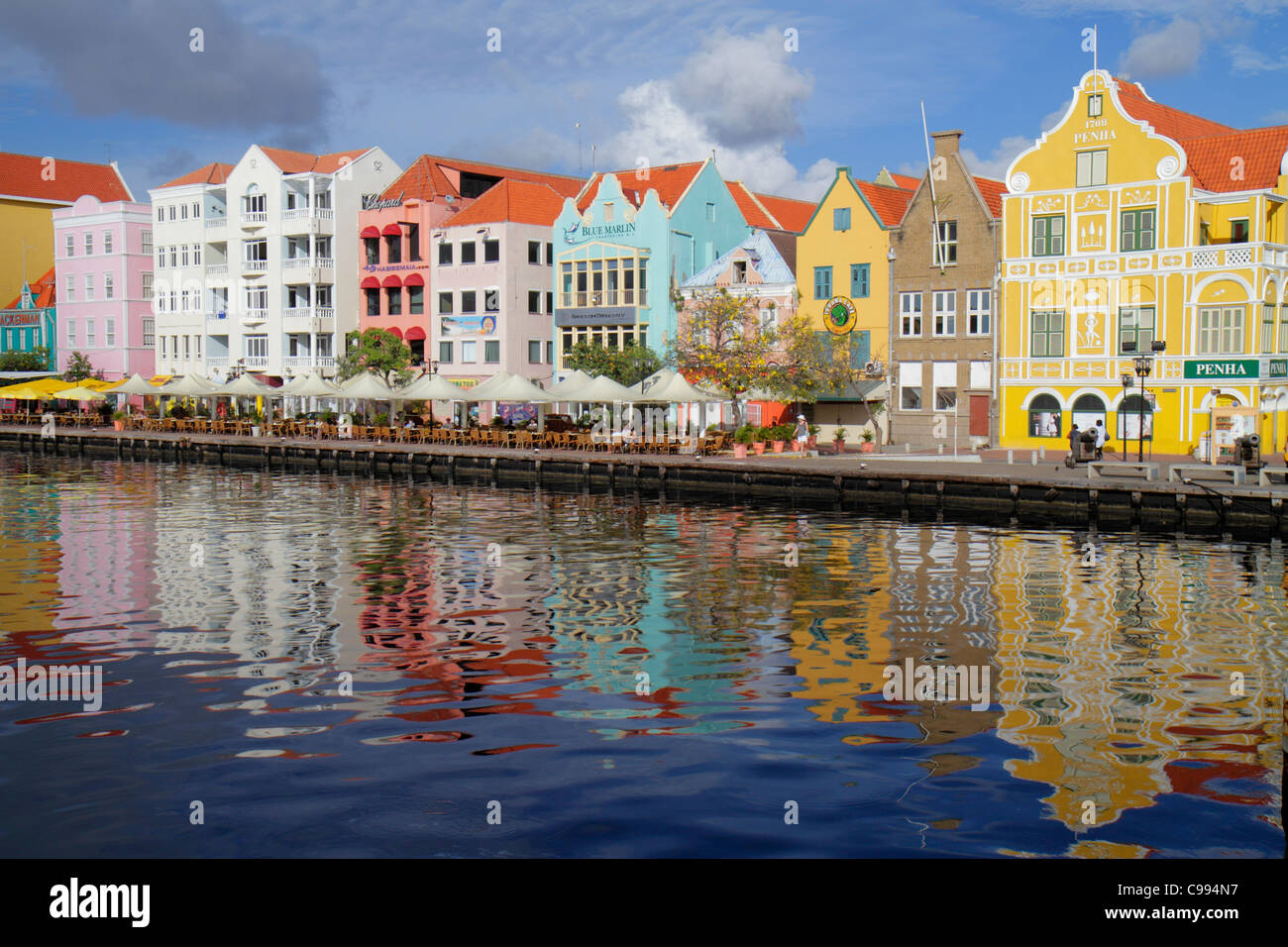 Willemstad Curaçao,pays-Bas Petites Antilles Leeward,Iles ABC,Punda,St. Sint Anne Bay, Handelskade, front de mer, Koningin Emmabrug View, Queen Emma, br Banque D'Images