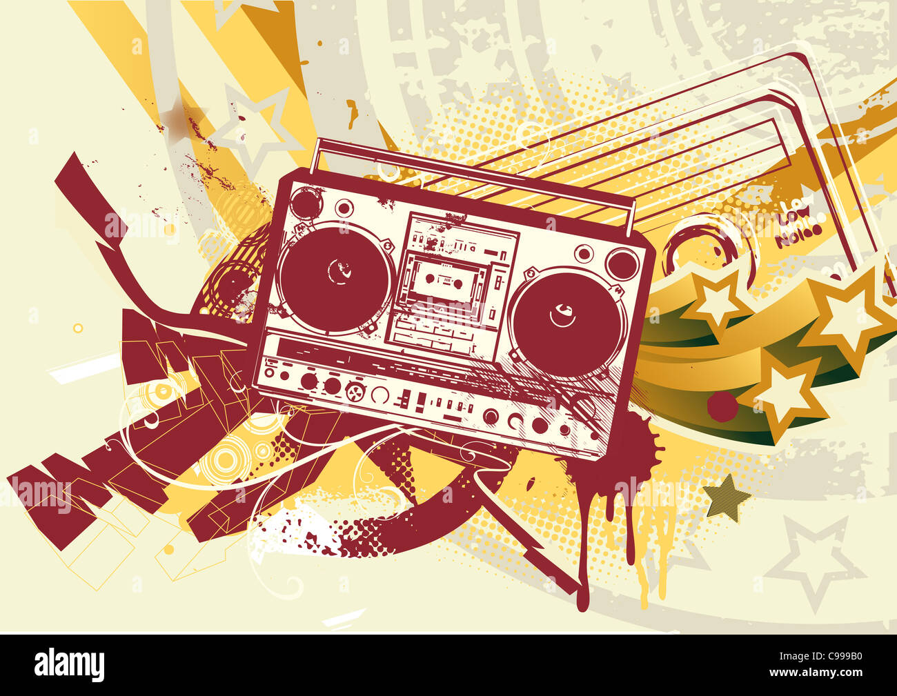 Illustration de style Grunge style graffiti en fond urbain avec cool Boom Box. Banque D'Images