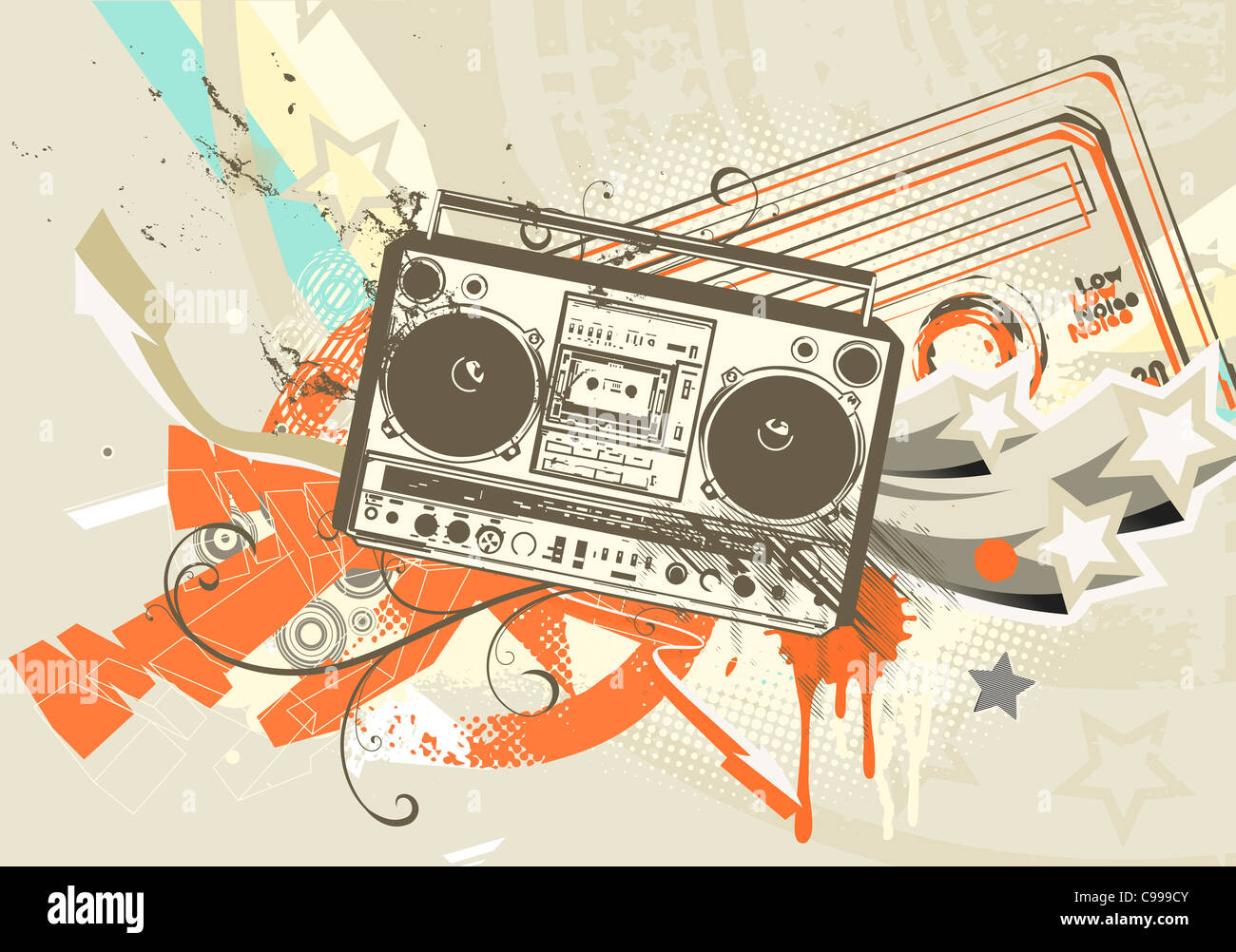 Illustration de style Grunge style graffiti en fond urbain avec cool Boom Box. Banque D'Images