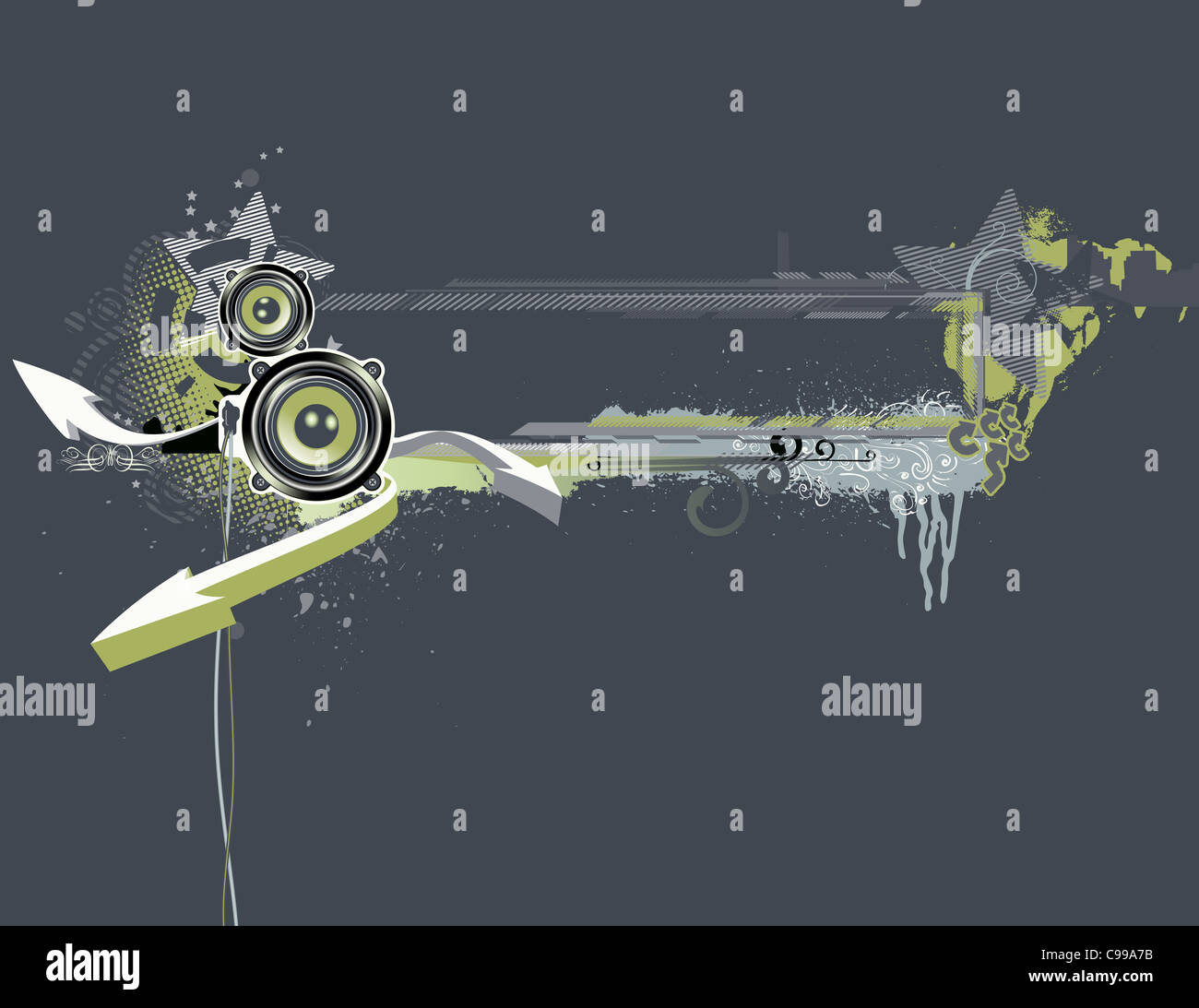 Illustration de la musique urbaine grunge frame avec des étoiles et des haut-parleurs Banque D'Images