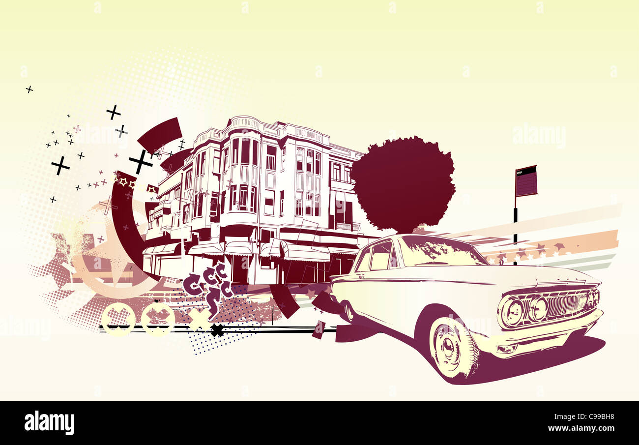 Illustration de l'old vintage voiture de collection personnalisé sur fond abstrait urbain dans le style grunge Banque D'Images