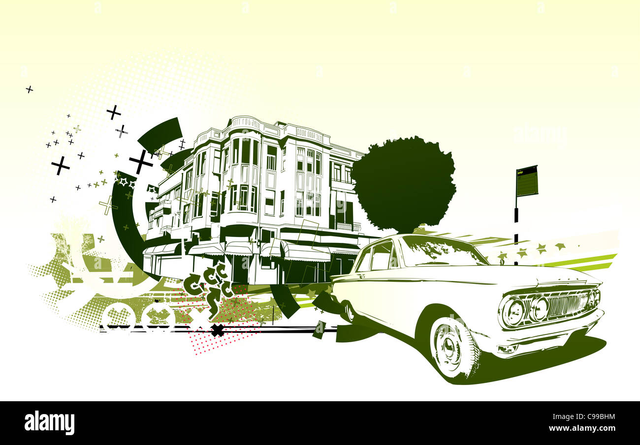 Illustration de l'old vintage voiture de collection personnalisé sur fond abstrait urbain dans le style grunge Banque D'Images