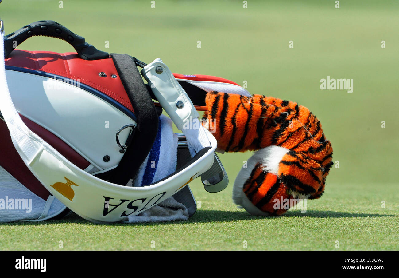 18.11.2011, Melbourne, Australie. Tiger Woods golf club sac à la Coupe des Présidents. Verset de l'Amérique du reste du monde à l'exception de l'Europe joué au Royal Melbourne Golf Club. Banque D'Images