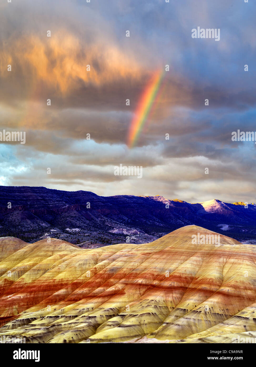 Arc en Ciel et nuages de tempête. Collines peintes, John Day Fossil jumeaux National Monument, Colorado Banque D'Images