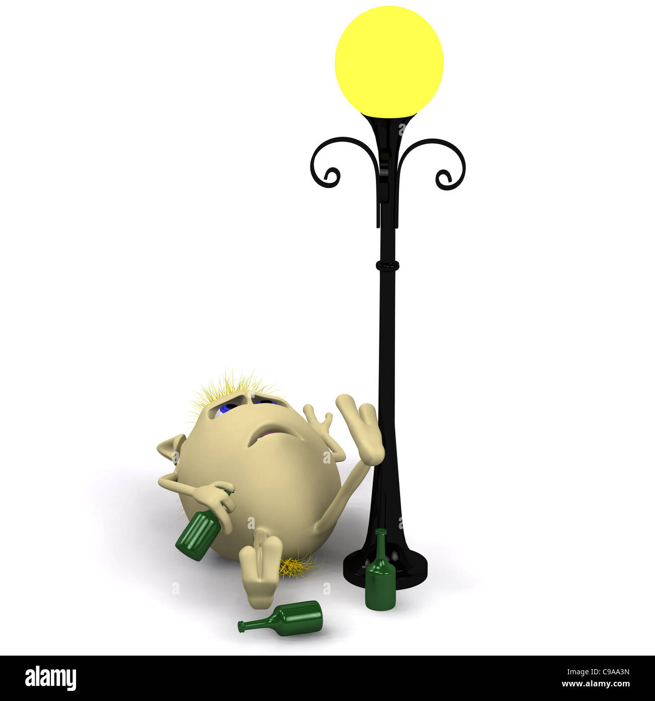 Marionnette aux cheveux jaunes ivrogne dormir près de metal latern Banque D'Images