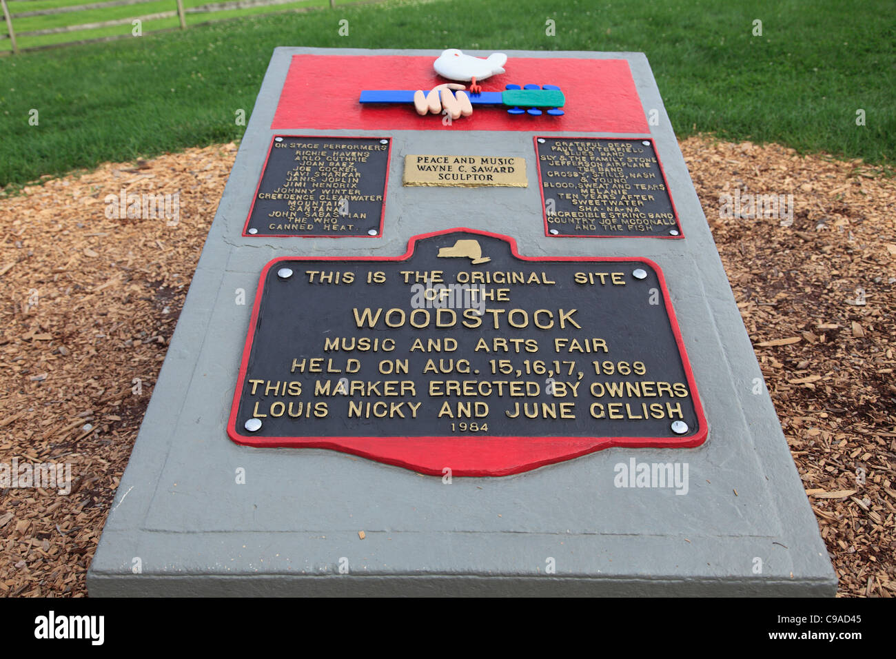 Monument du Festival de musique de Woodstock 1969 sur le site d'origine, Bethel Woods Center for the Arts, Bethel, New York, USA Banque D'Images