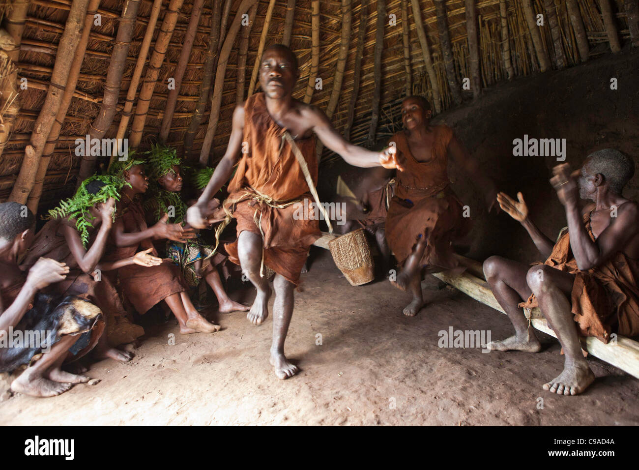 La danse et la musique comme une histoire de Mukuno, village batwa traditionnel de la tribu autochtone de la Forêt impénétrable de Bwindi en Ouganda. Banque D'Images