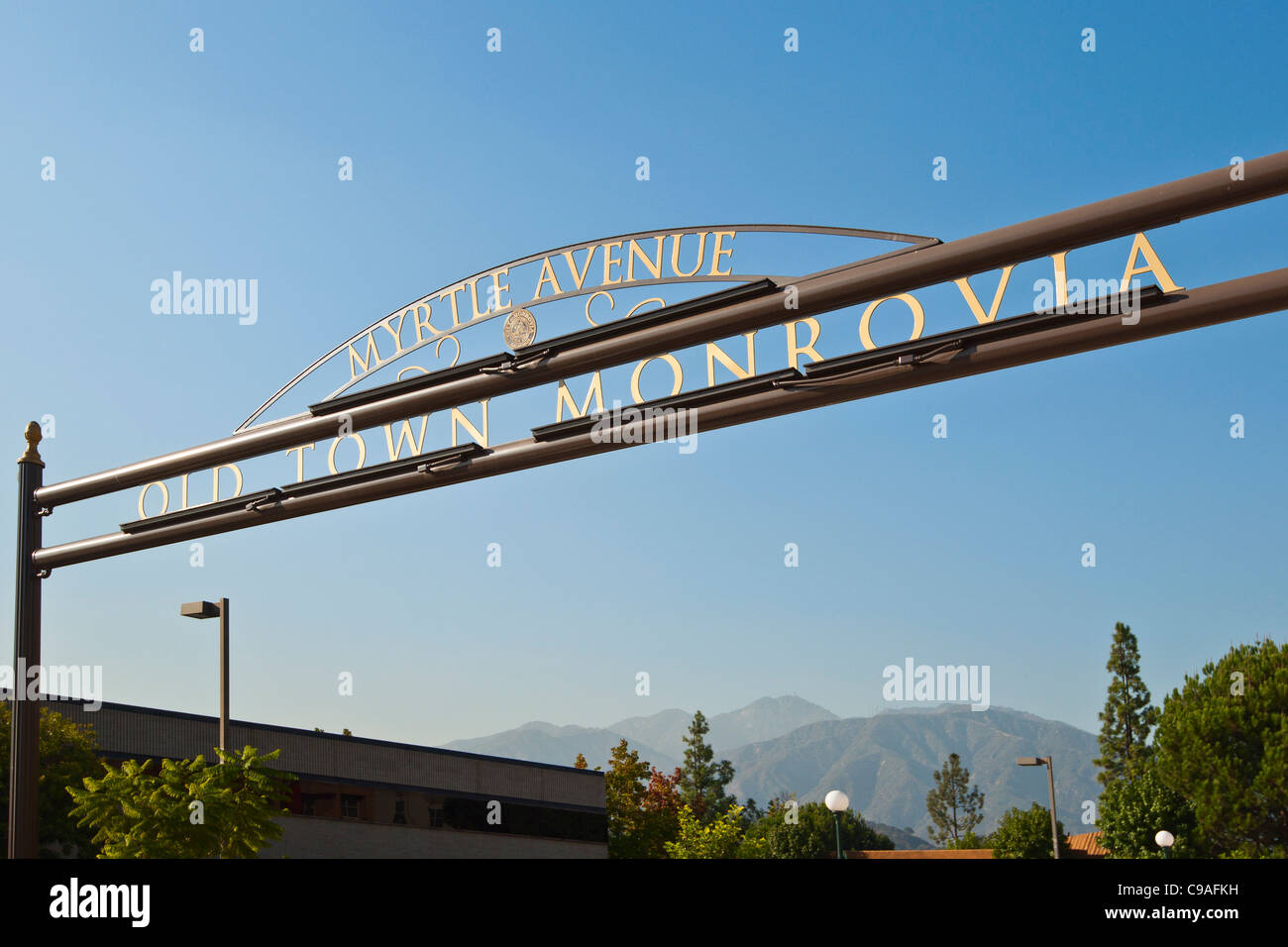 Belle vue sur l'entrée de la vieille ville Monrovia en Californie. Banque D'Images