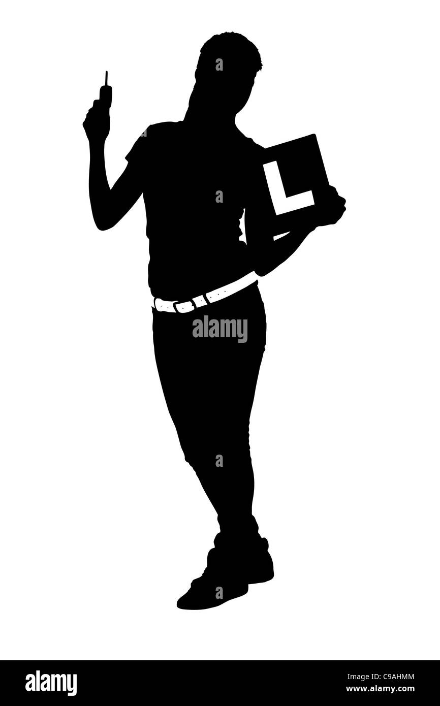 La silhouette d'un adolescent holding a L'assiette et une clé de voiture Banque D'Images