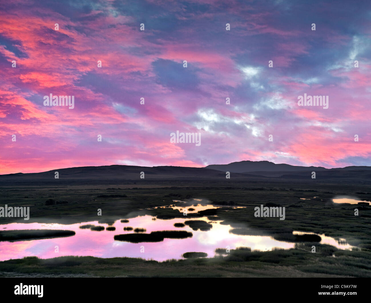 Les étangs de Buena Vista au lever du soleil. Malhuer National Wildlife Refuge. Un ciel de l'Oregon a été ajouté Banque D'Images