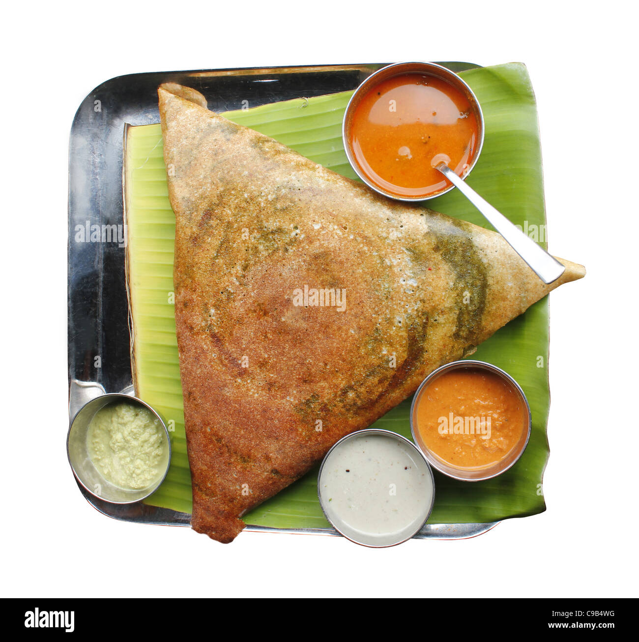 Masala Dosa avec différents types de sambar et chutney Banque D'Images