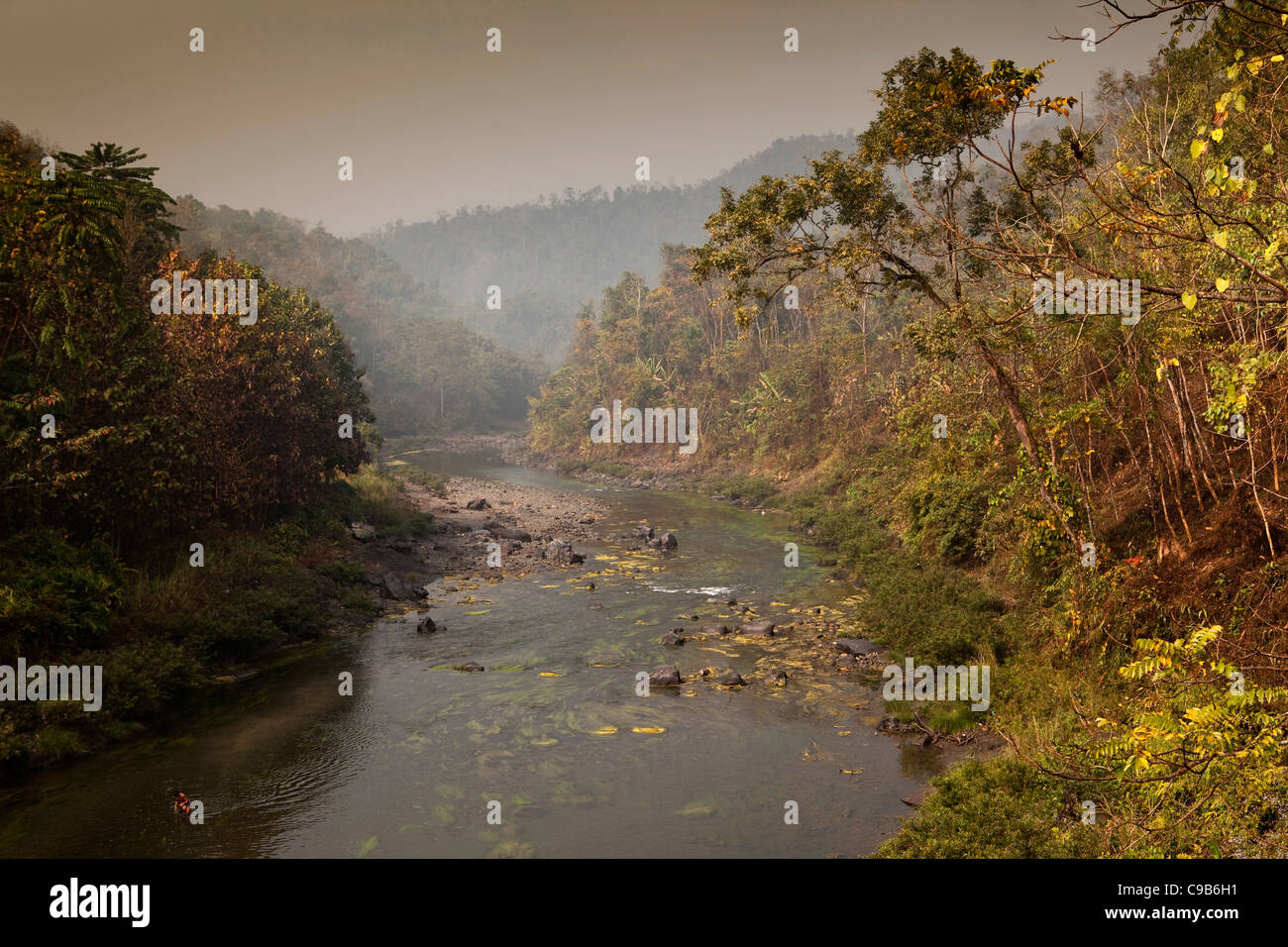 L'Inde, Nagaland, rivière Longkhum en passant par les collines boisées au début du matin Banque D'Images