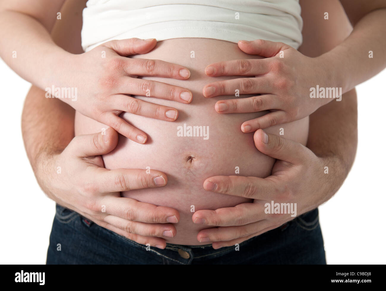 Mains De Couple Holding Belly Avec Bebe Isole Sur Fond Blanc Photo Stock Alamy
