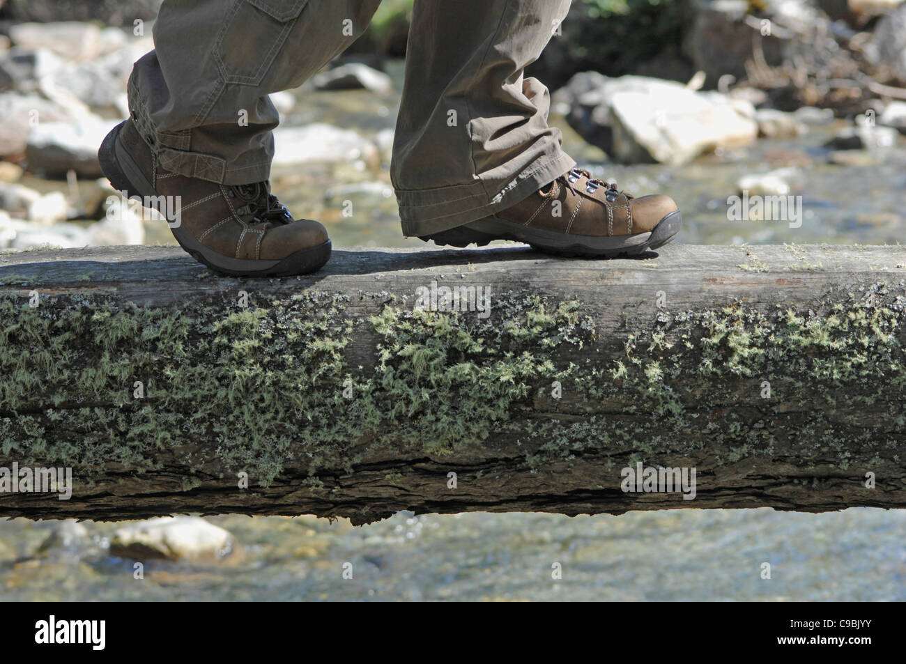 Lungau, Autriche, randonneur marchant sur log ci-dessus creek Banque D'Images
