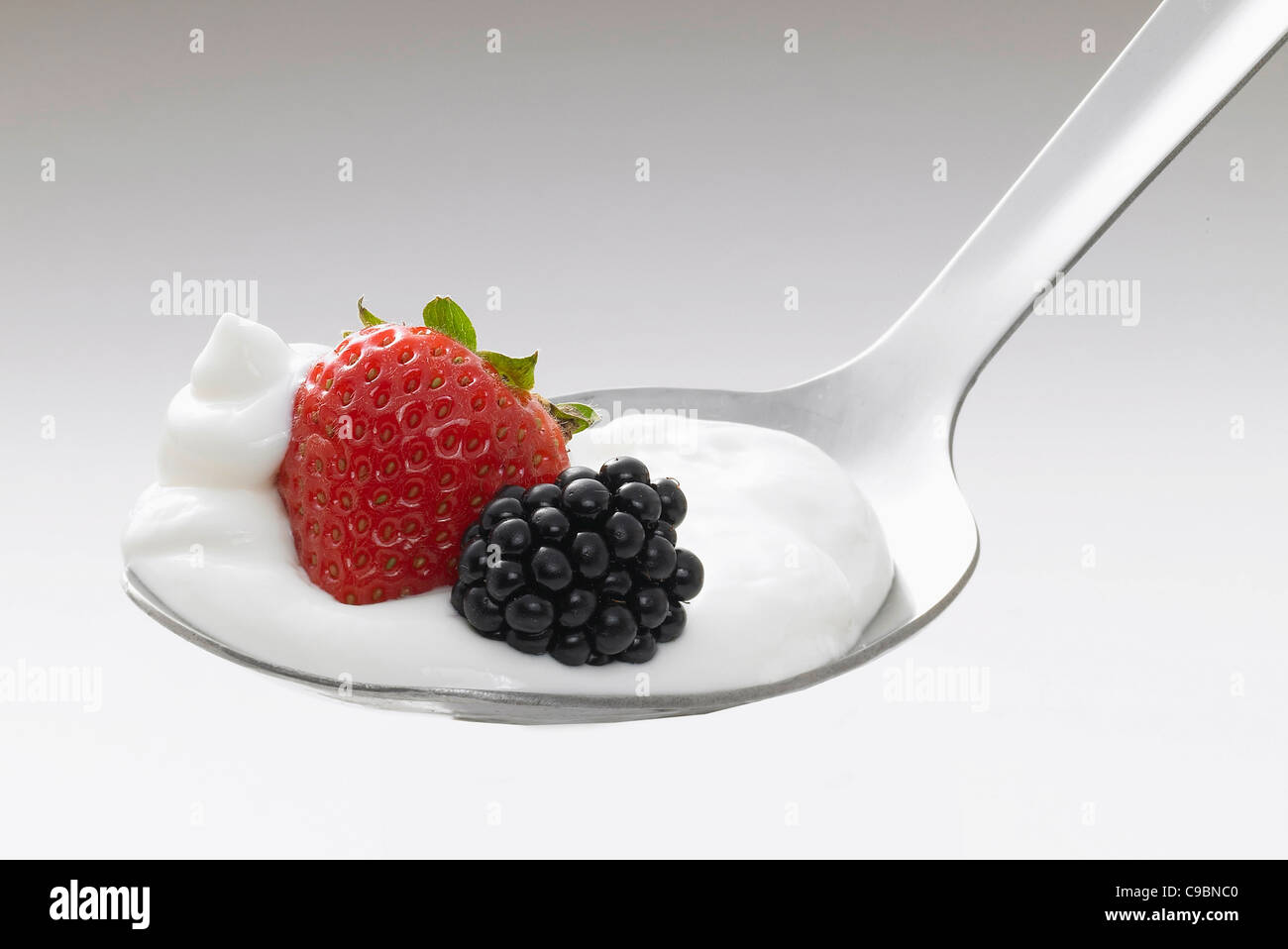 Close up d'une cuillère de yaourt, de fraise et de Blackberry Banque D'Images
