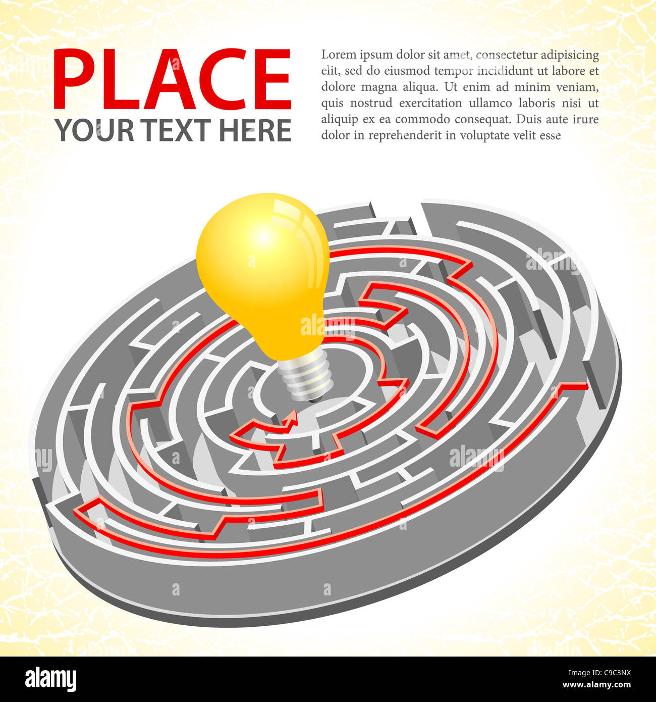 La recherche de l'Idée Concept avec labyrinthe circulaire avec la solution, tous les éléments sur les différentes couches Banque D'Images