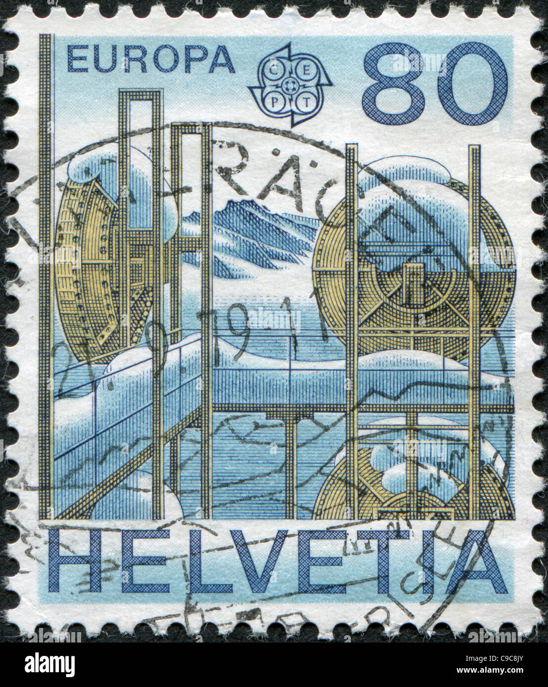 Suisse 1979 : timbre imprimé en Suisse, montre micro-ondes radio station relais sur Jungfraujoch Banque D'Images