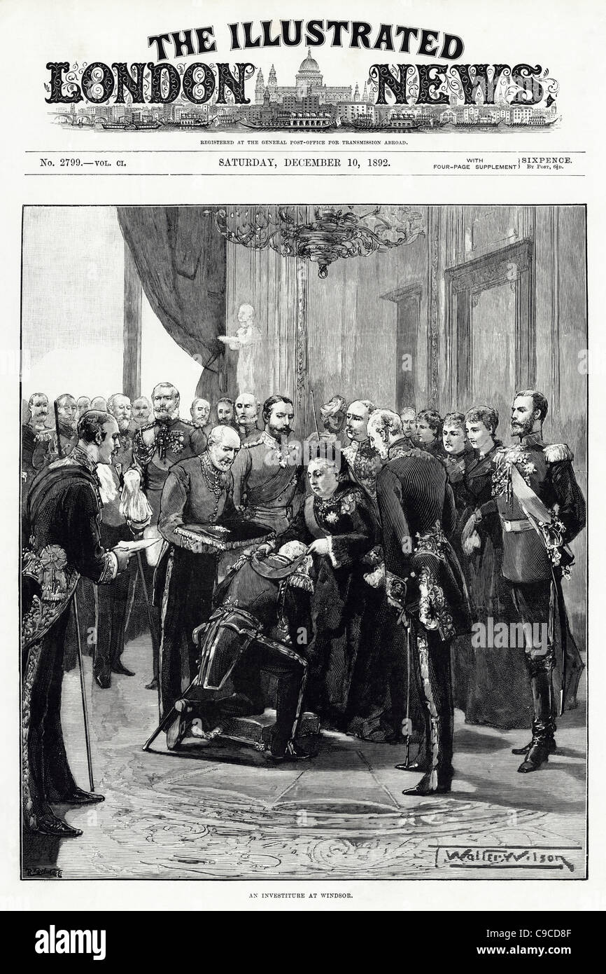 Première page de l'Illustrated London News du 10 décembre 1892 avec l'exécution de la reine Victoria au château de Windsor d'investiture Banque D'Images