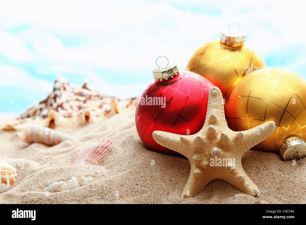 Boules de Noël et les coquillages sur la plage,libre. Banque D'Images