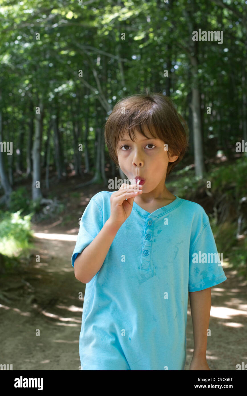 Young boy eating lollipop, portrait Banque D'Images