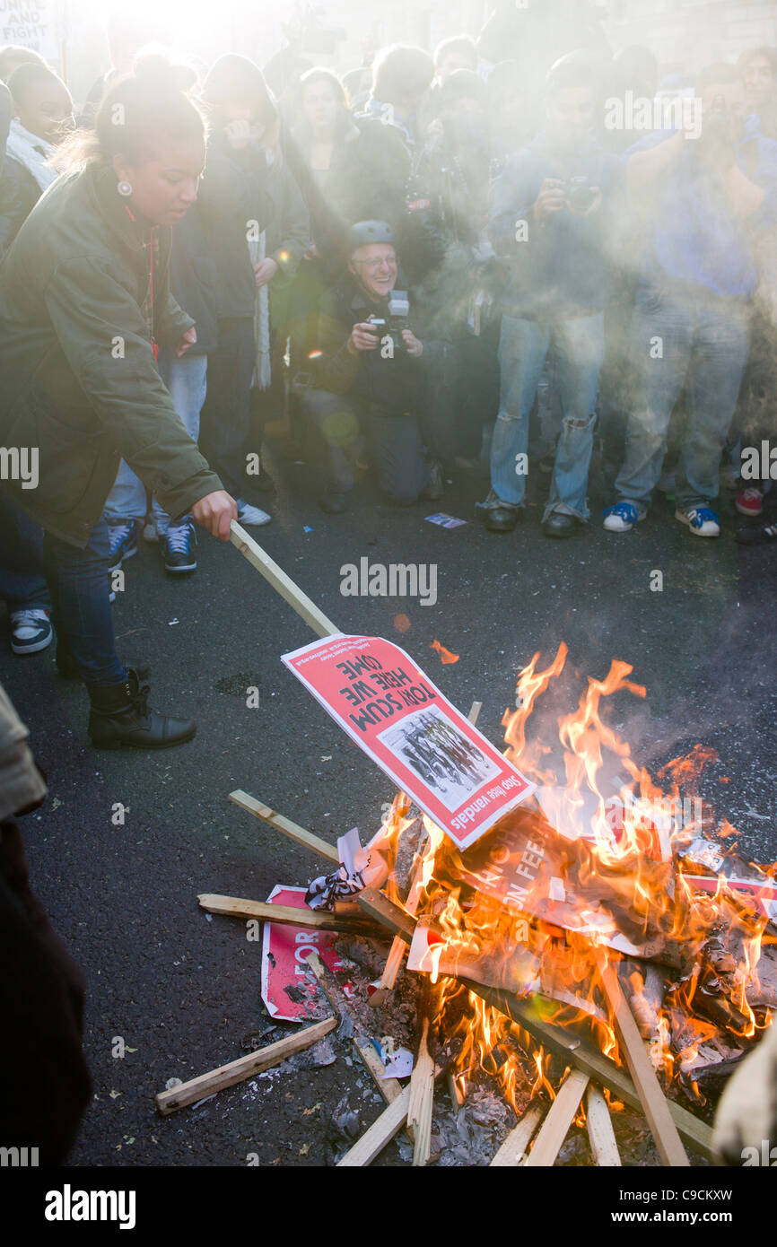 Des pancartes sont brûlés sur Whitehall par les manifestants, jour X Manifestation étudiante, 24 novembre 2010, Londres, Angleterre Banque D'Images