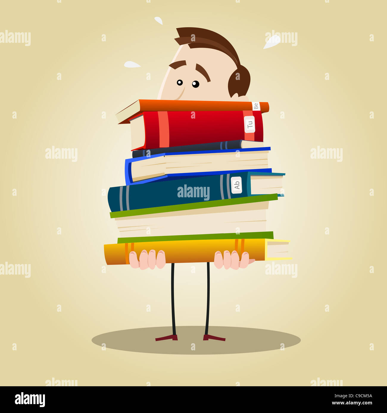Illustration d'un bibliothécaire chargé tenant une lourde pile de livres Banque D'Images