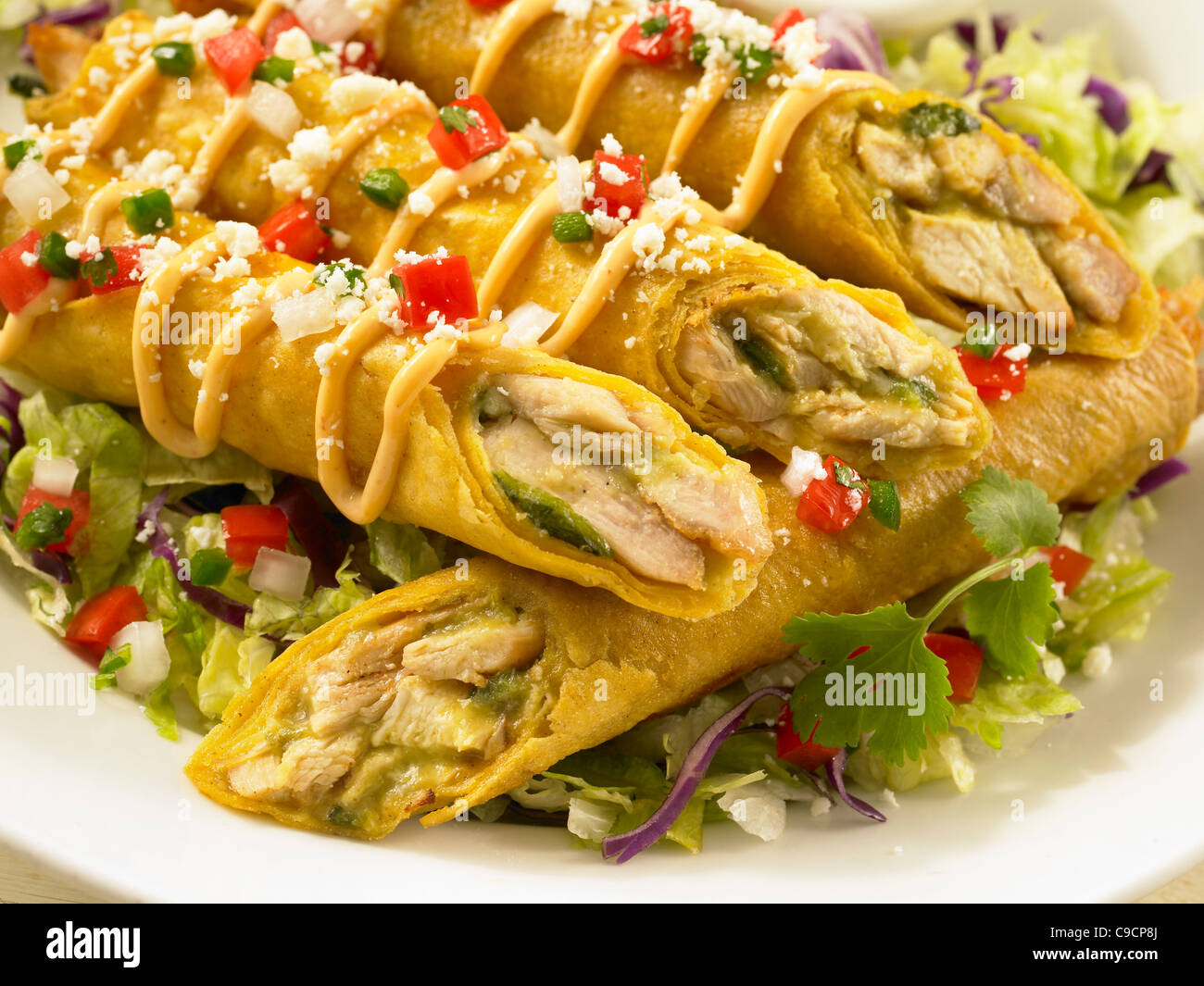 Taquitos de poulet servi sur un lit de laitue garnie de fromage et de salsa, sauce Banque D'Images