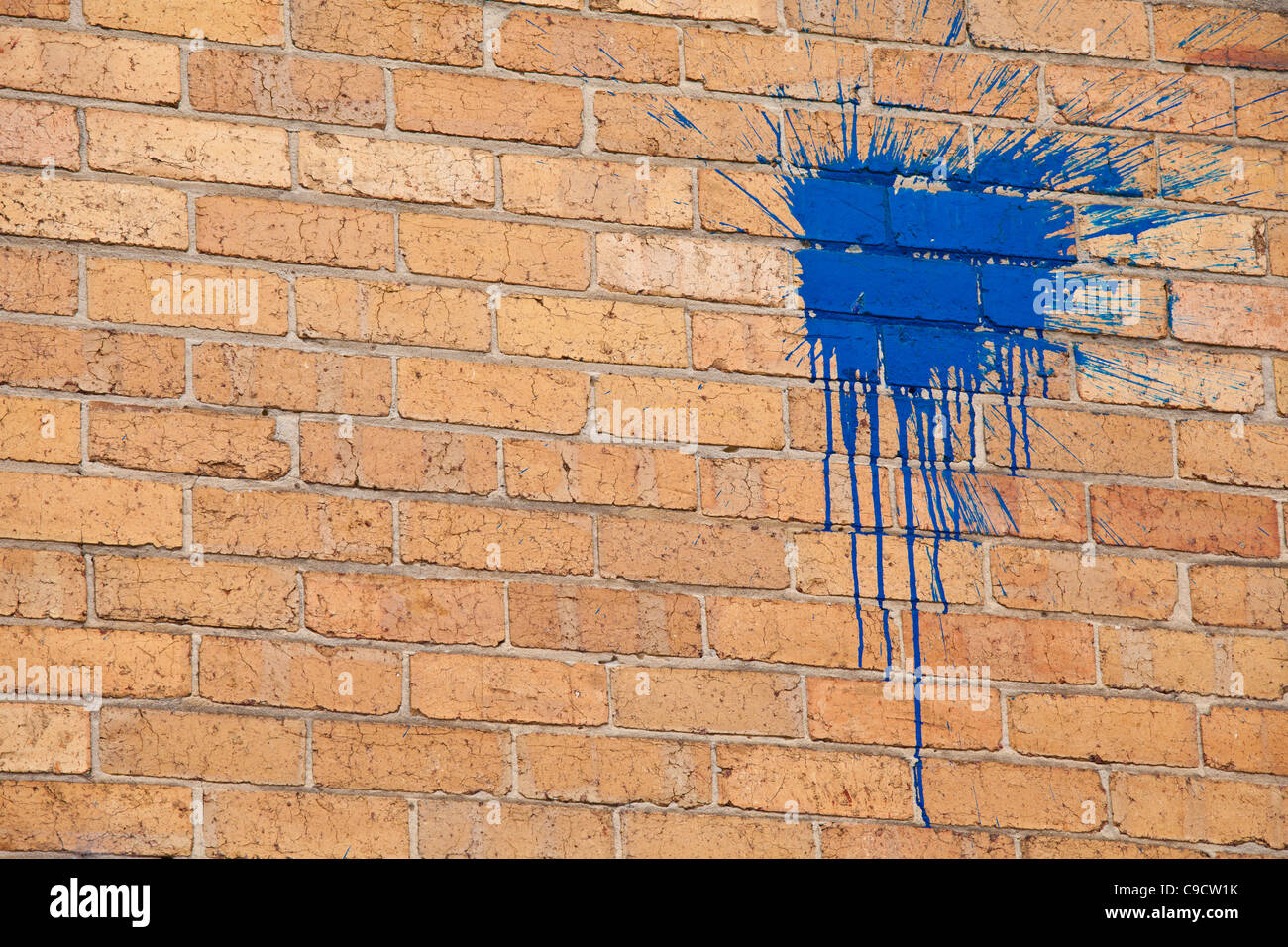 Peinture bleu vif splat graffiti sur un mur de briques Banque D'Images