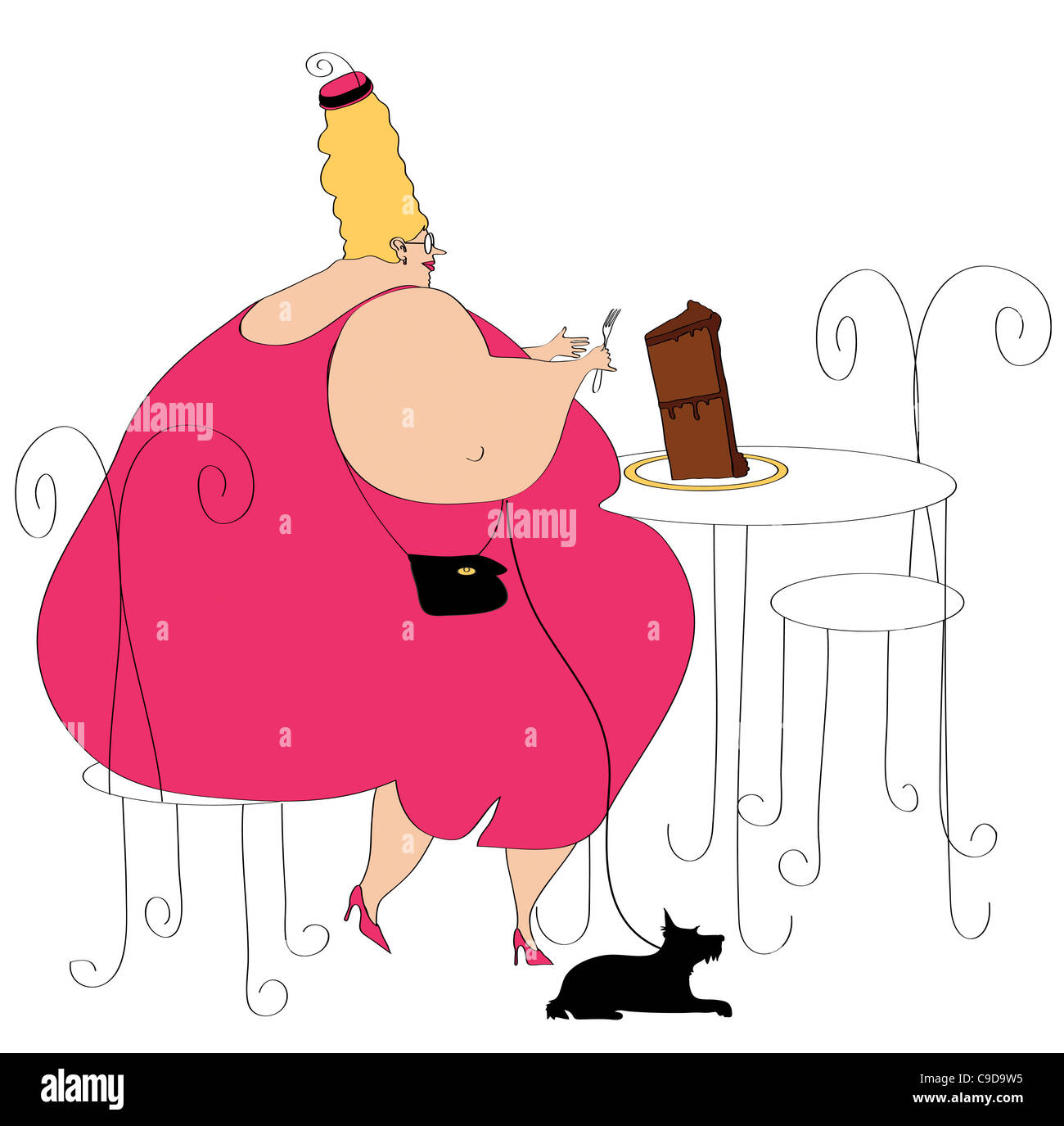 Grosse femme et petit chien au restaurant Banque D'Images