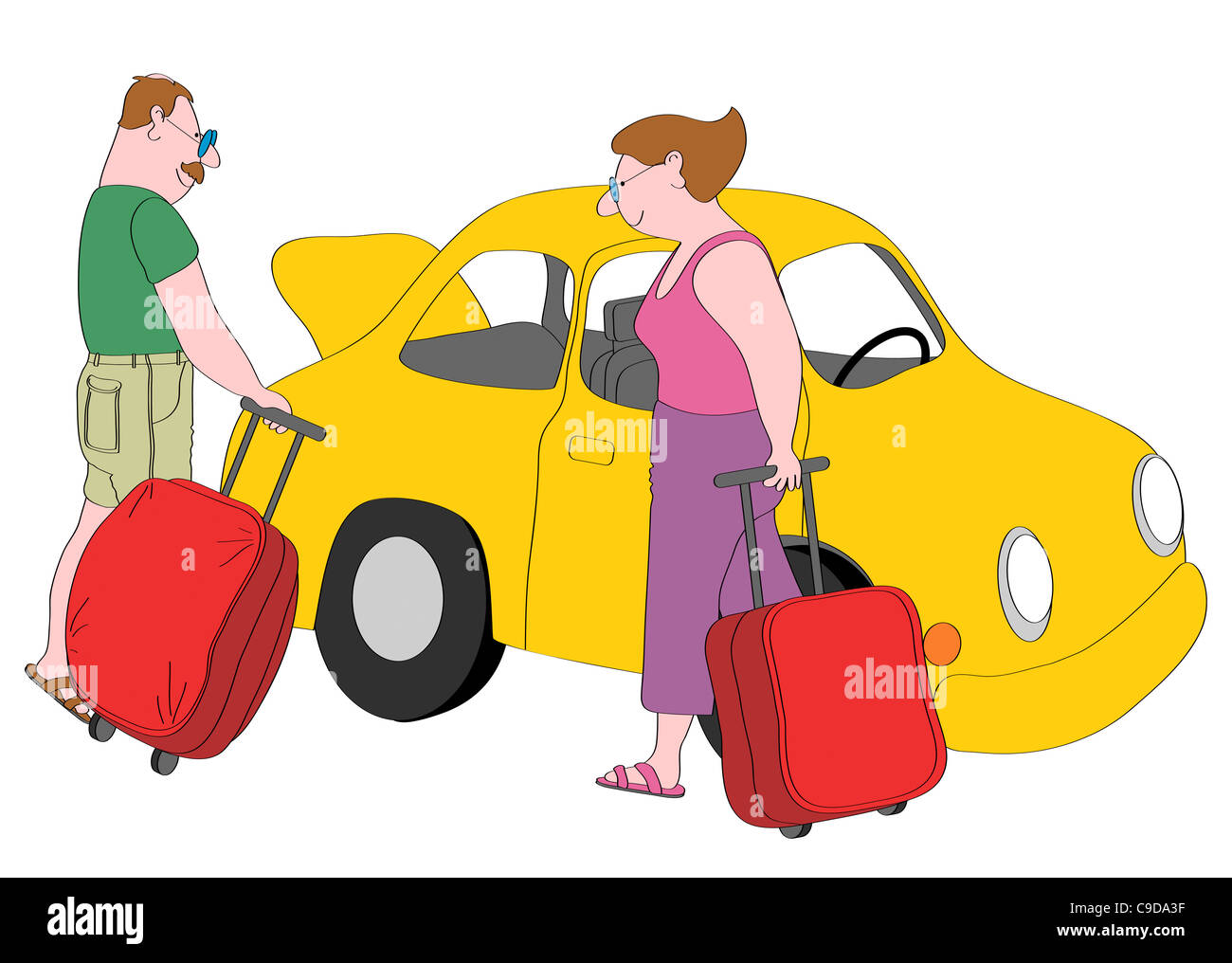 Couple avec valises debout à côté de voiture jaune, illustration Banque D'Images