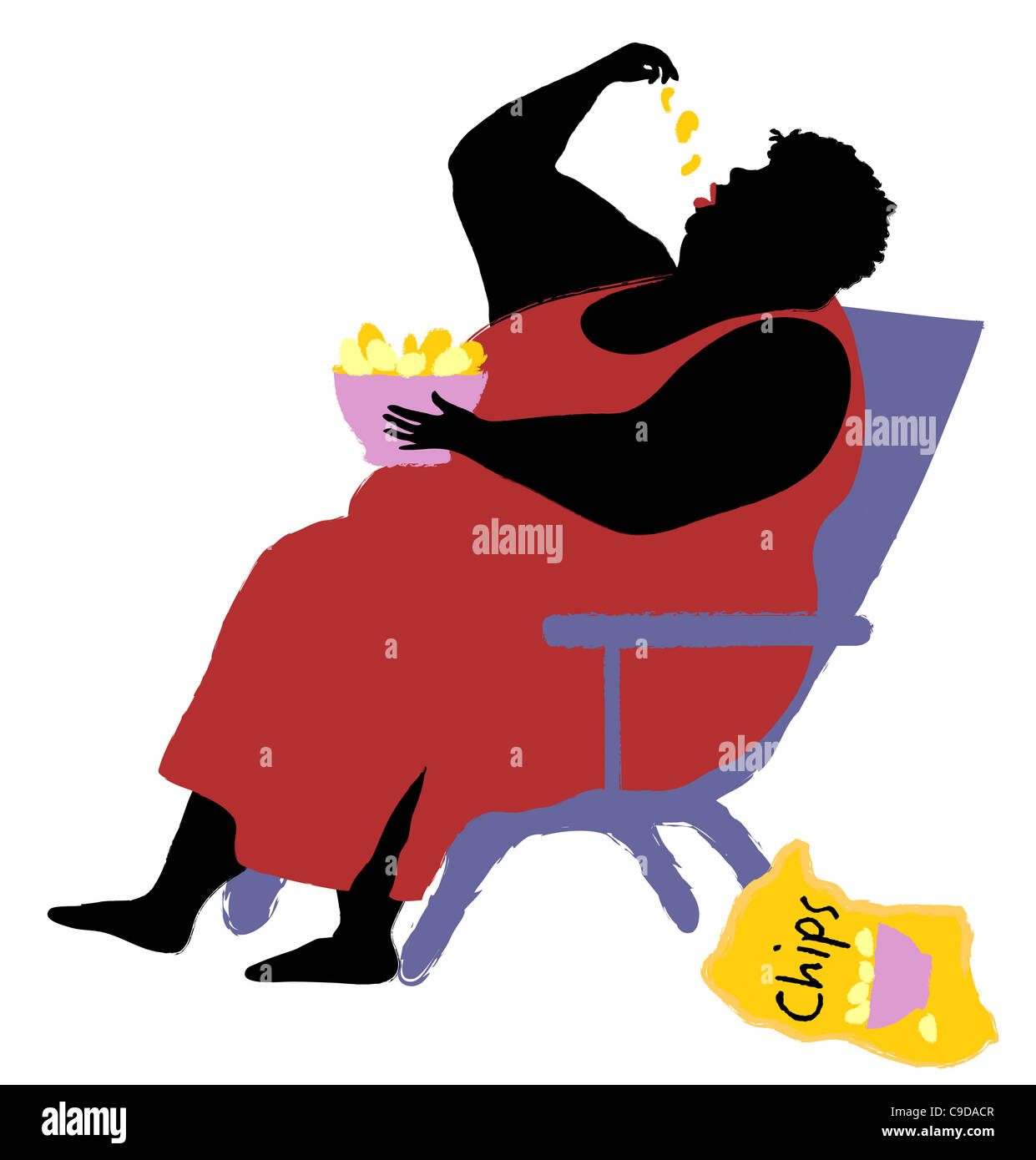 L'excès de woman eating chips, illustration Banque D'Images